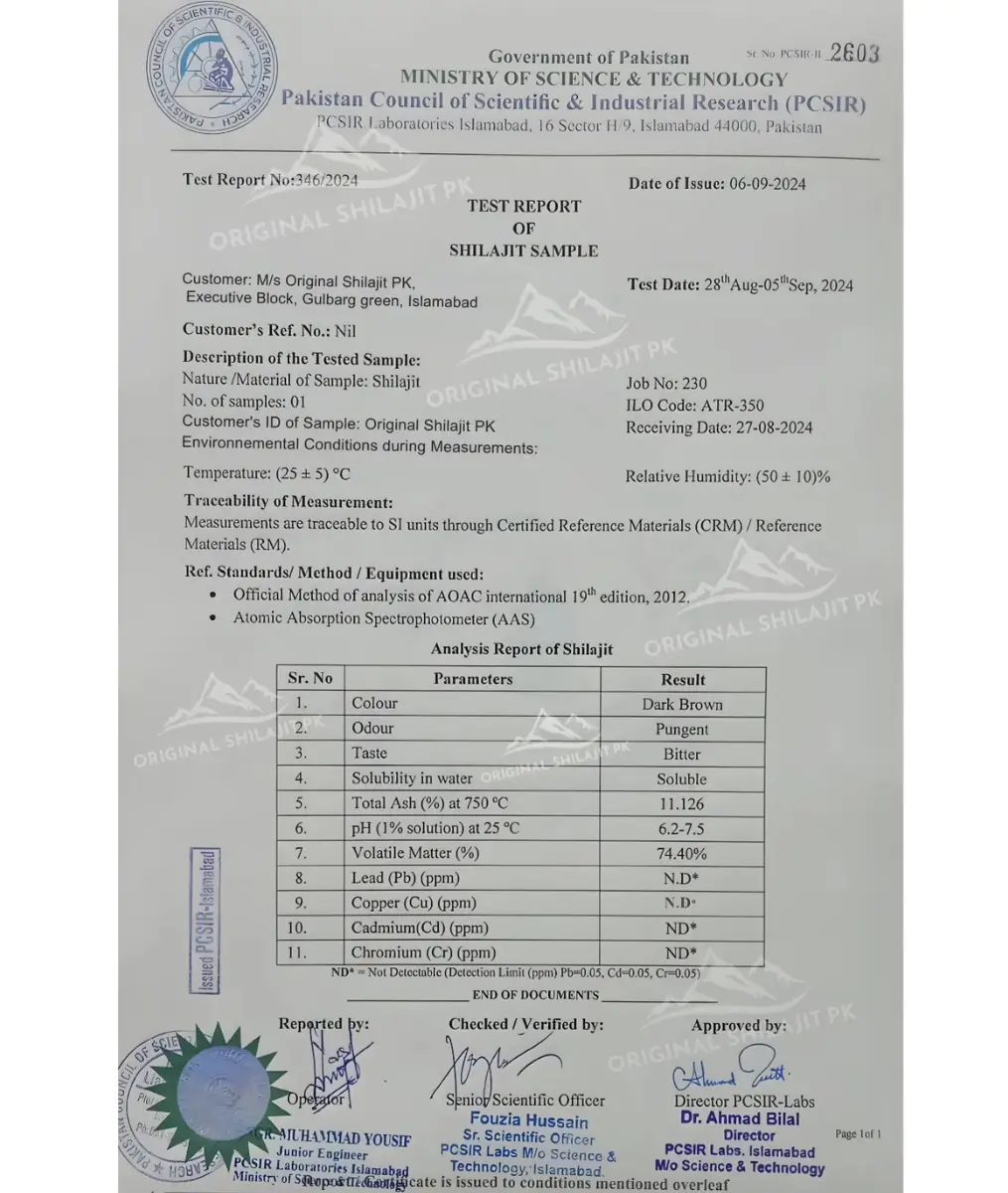 Orginal Shilajit PK Lab test report of Pakistan
