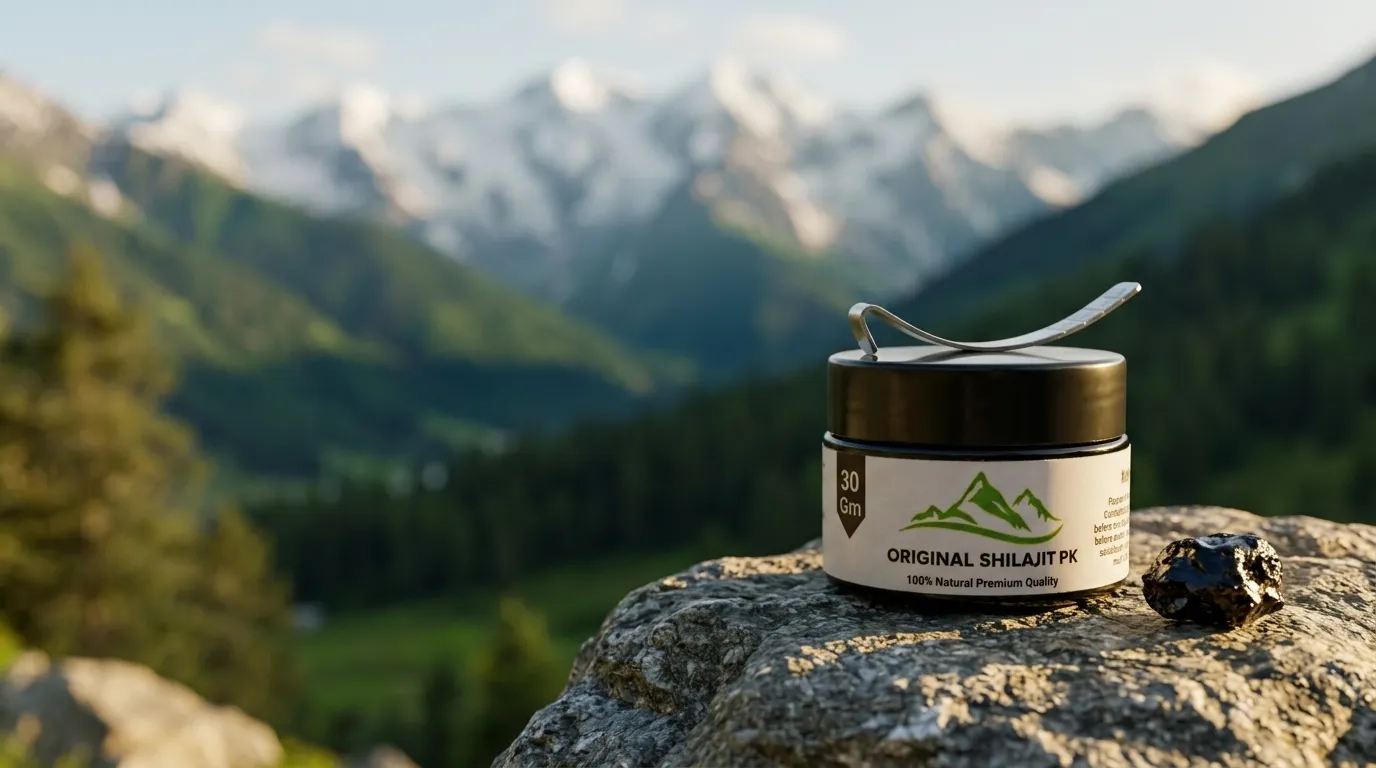 Original Shilajit PK 30g jar on a mountain rock beside a piece of raw shilajit resin