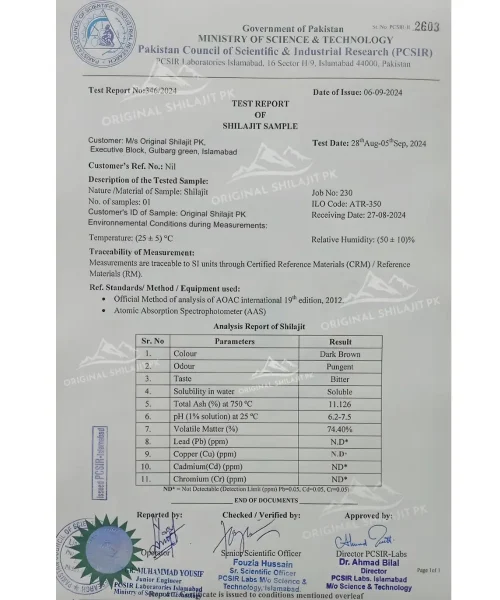 Orginal Shilajit PK Lab test report of Pakistan